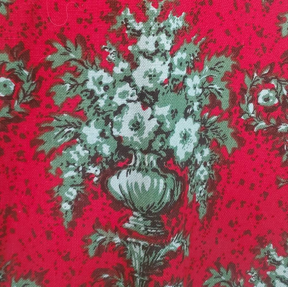Vintage 60s Floral Toile Urn Garden Tapestry Linen Dress in Red & Green Sheath S - Picture 8 of 14
